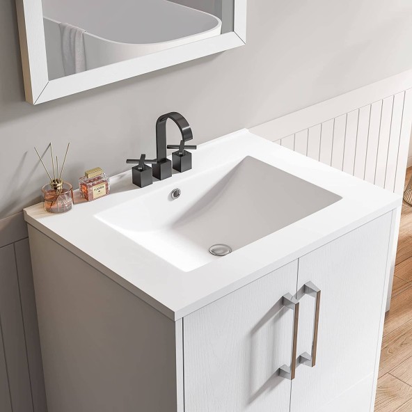 Phiestina White 24 inch Bathroom Vanity Cabinet with Ceramic Sink Combo, Single White Sink Vanity Bathroom Cabinet