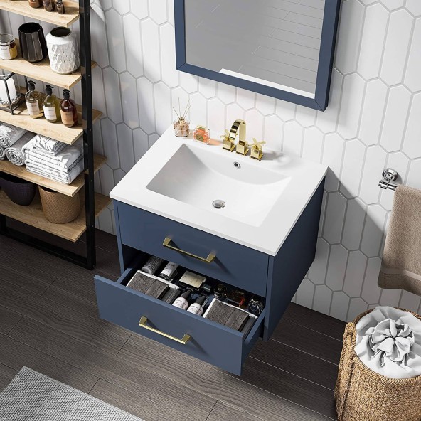 24" Wall Mounted Bathroom Vanity and Sink Combo, Blue Floating Bathroom Vanity with White Ceramic Sink