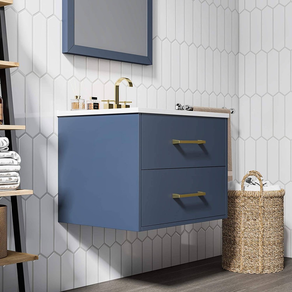 24 Wall Mounted Bathroom Vanity and Sink Combo, Blue Floating Bathroom  Vanity with White Ceramic Sink