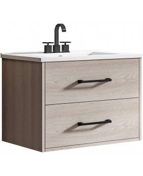 24" Wall Mounted Bathroom Vanity and Sink Combo, Wood Floating Bathroom Vanity with White Ceramic Sink