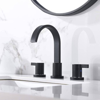 Matte Black Waterfall Widespread 8 Inch 3 Holes 2 Handles Bathroom Faucet With Copper Drain And Valve 