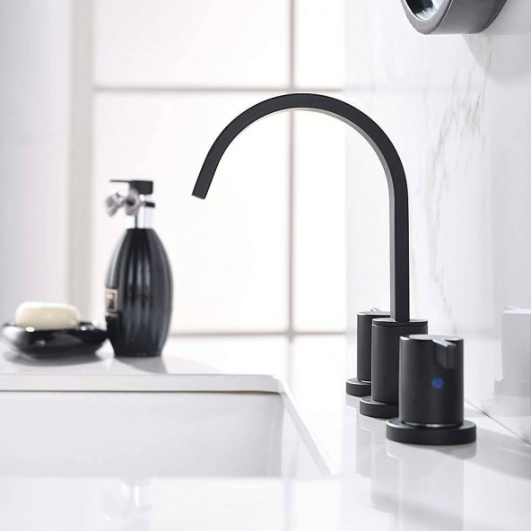 Matte Black Waterfall Widespread 8 Inch 3 Holes 2 Handles Bathroom Faucet With Copper Drain And Valve 