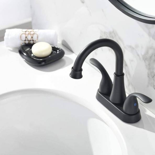 2 Handle 4 Inch Matte Black Bathroom Faucet by Phiestina Faucet, Bathroom Sink Faucet with with Stainless Steel Metal Pop Up Drain