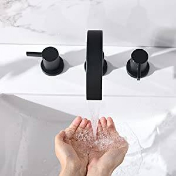 Matte Black Waterfall Widespread 8 Inch 3 Holes 2 Handles Bathroom Faucet With Copper Drain And Valve 