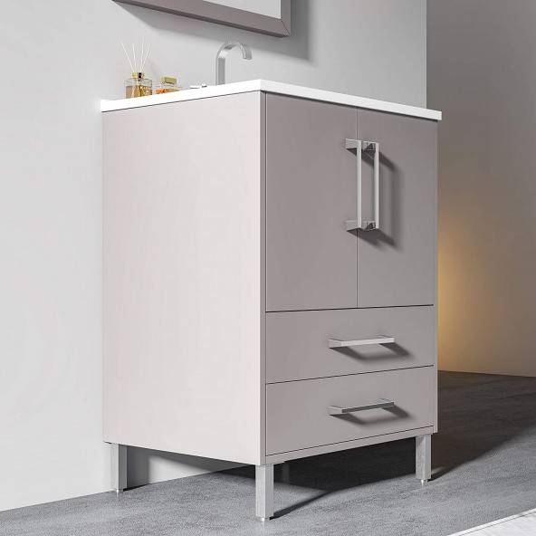 24 inch Single Grey Bathroom Vanity with Ceramic Sink Combo, 2 Doors and 2 Draw Bathroom Storage Cabinet Set