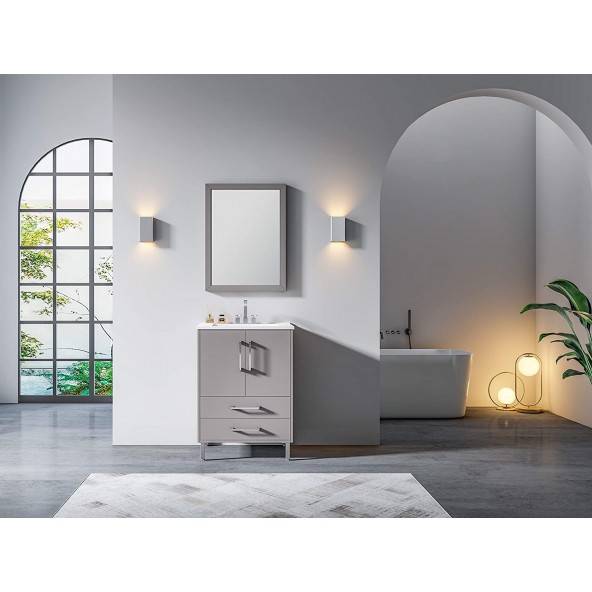 24 inch Single Grey Bathroom Vanity with Ceramic Sink Combo, 2 Doors and 2 Draw Bathroom Storage Cabinet Set