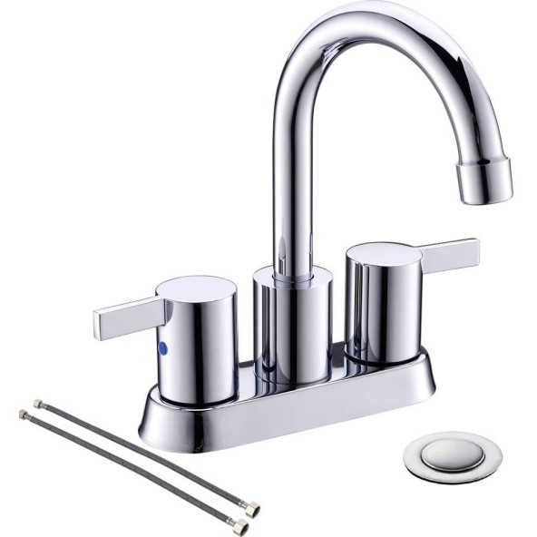 4 Inch 2 Handle Centerset Chrome Bathroom Faucet, with Copper Pop Up Drain and Water Supply Lines