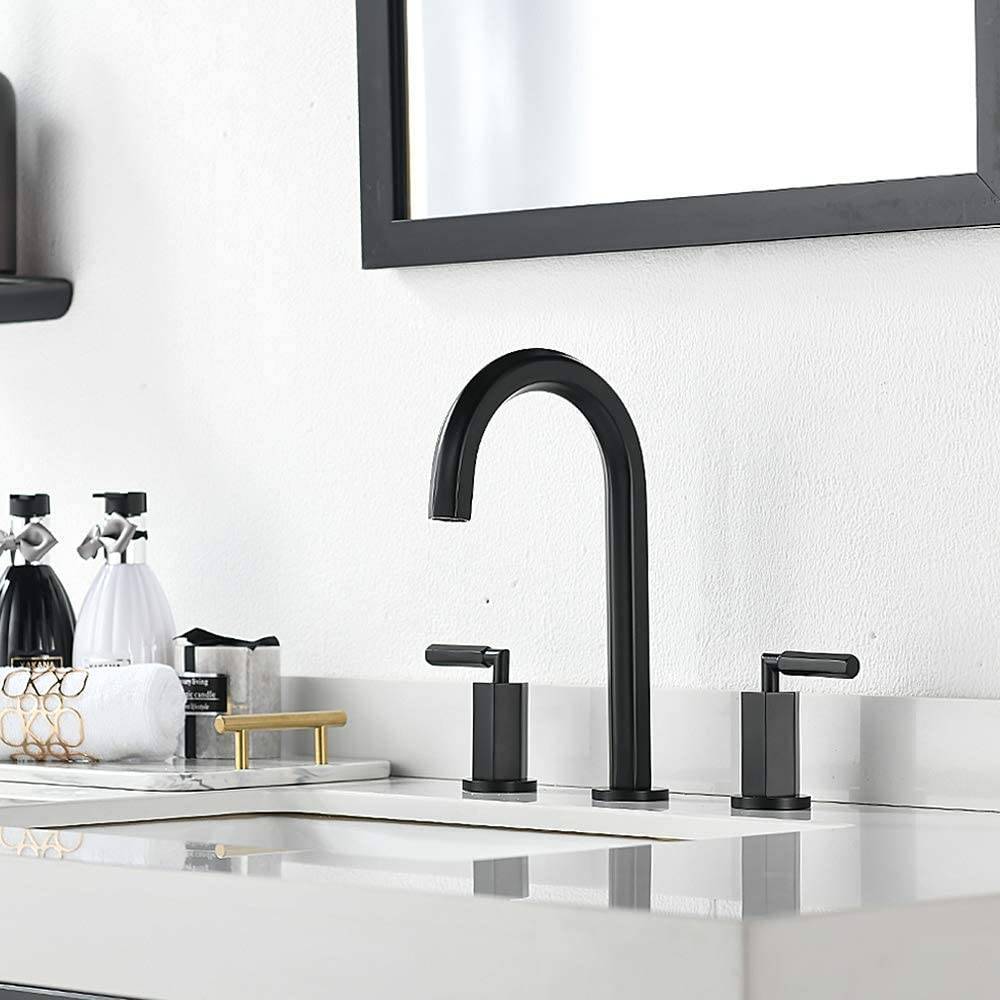 2 Handle 3 Hole Modern Matte Black Widespread Bathroom Faucet Bathroom Sink Faucets With Stainless Steel Pop Up Drain Phiestina
