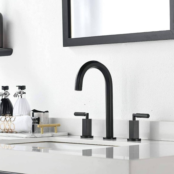 2 Handle 3 Hole Modern Matte Black Widespread Bathroom Faucet, Bathroom Sink Faucets With Stainless Steel Pop Up Drain