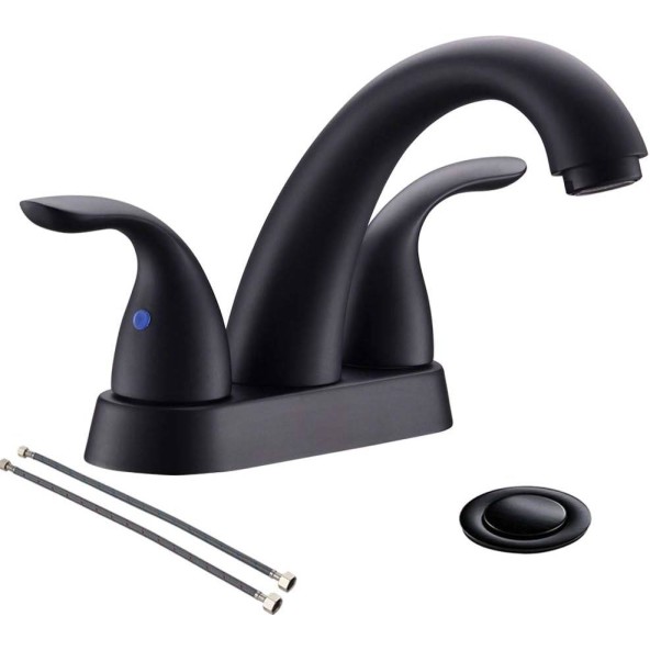 2 Handles 4 Inch Centerset Matte Black Lead-Free Bathroom Sink Faucet by phiestina, Bathroom Faucet with Copper Pop Up Drain and Water Supply Lines