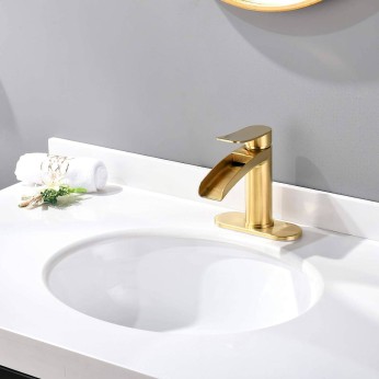 Single Handle Waterfall Faucet for Bathroom Sink in Brushed Gold Finish, with 4-Inch Deck Plate,Metal Pop Up Drain Assembly and CUPC Water Supply Lines 