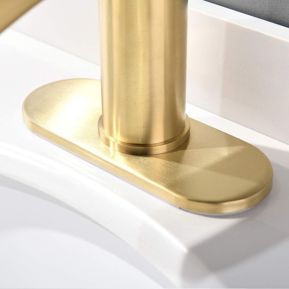 Single Handle Waterfall Faucet for Bathroom Sink in Brushed Gold Finish, with 4-Inch Deck Plate,Metal Pop Up Drain Assembly and CUPC Water Supply Lines 