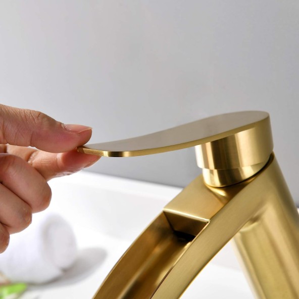 Single Handle Waterfall Faucet for Bathroom Sink in Brushed Gold Finish, with 4-Inch Deck Plate,Metal Pop Up Drain Assembly and CUPC Water Supply Lines 