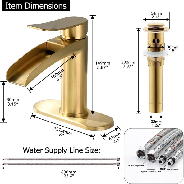 Single Handle Waterfall Faucet for Bathroom Sink in Brushed Gold Finish, with 4-Inch Deck Plate,Metal Pop Up Drain Assembly and CUPC Water Supply Lines 