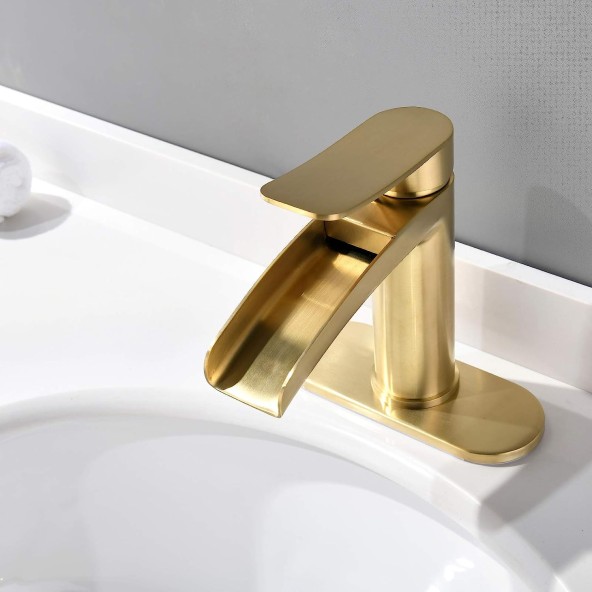 Single Handle Waterfall Faucet for Bathroom Sink in Brushed Gold Finish, with 4-Inch Deck Plate,Metal Pop Up Drain Assembly and CUPC Water Supply Lines 