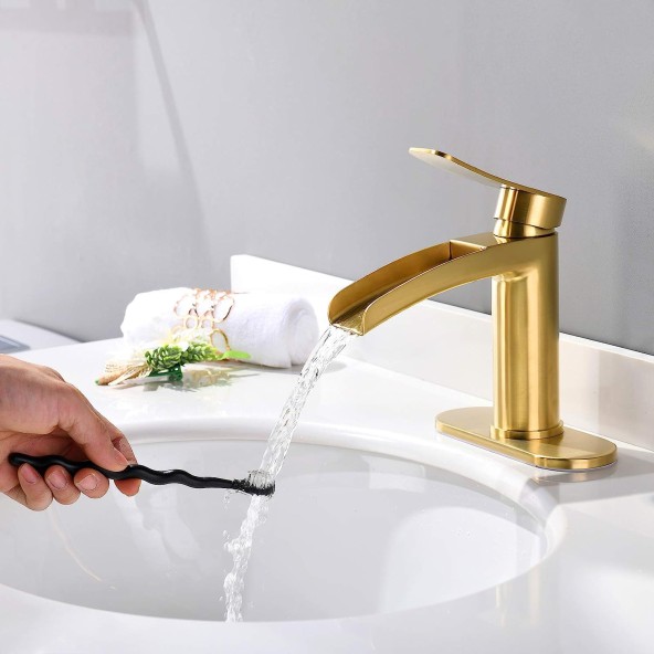 Single Handle Waterfall Faucet for Bathroom Sink in Brushed Gold Finish, with 4-Inch Deck Plate,Metal Pop Up Drain Assembly and CUPC Water Supply Lines 