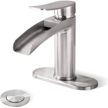Brushed Nickel Single Handle Waterfall Bathroom Faucet by phiestina, with 4-Inch Deck Plate & Metal Pop Up Drain Assembly and CUPC Water Supply Lines