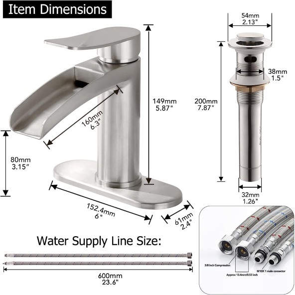 Brushed Nickel Single Handle Waterfall Bathroom Faucet by phiestina, with 4-Inch Deck Plate & Metal Pop Up Drain Assembly and CUPC Water Supply Lines