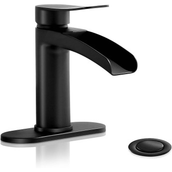 Matte Black Waterfall Bathroom Sink Faucet Single Handle, with 4-Inch Deck Plate & Metal Pop Up Drain Assembly