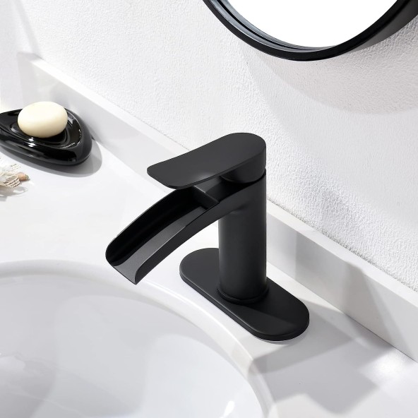 Matte Black Waterfall Bathroom Sink Faucet Single Handle, with 4-Inch Deck Plate & Metal Pop Up Drain Assembly