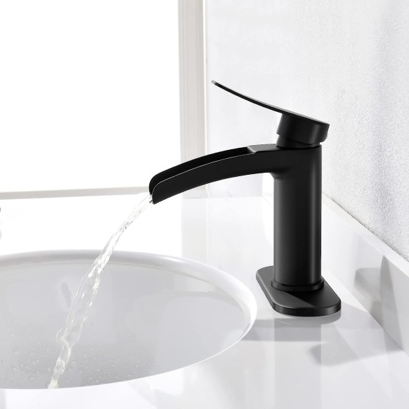 Matte Black Waterfall Bathroom Sink Faucet Single Handle, with 4-Inch Deck Plate & Metal Pop Up Drain Assembly