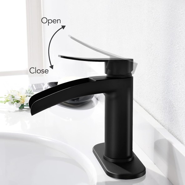 Matte Black Waterfall Bathroom Sink Faucet Single Handle, with 4-Inch Deck Plate & Metal Pop Up Drain Assembly