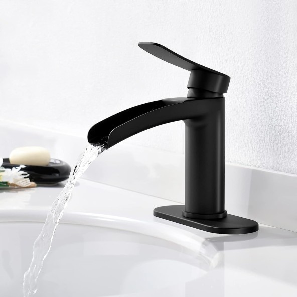 Matte Black Waterfall Bathroom Sink Faucet Single Handle, with 4-Inch Deck Plate & Metal Pop Up Drain Assembly