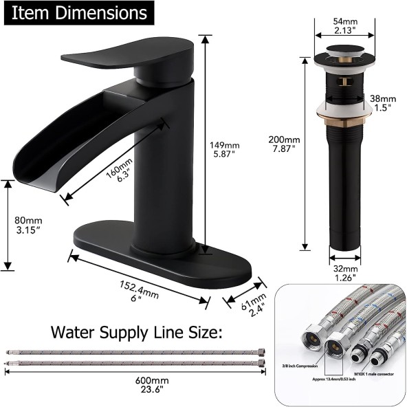 Matte Black Waterfall Bathroom Sink Faucet Single Handle, with 4-Inch Deck Plate & Metal Pop Up Drain Assembly