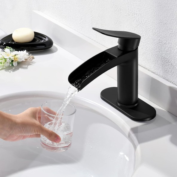 Matte Black Waterfall Bathroom Sink Faucet Single Handle, with 4-Inch Deck Plate & Metal Pop Up Drain Assembly