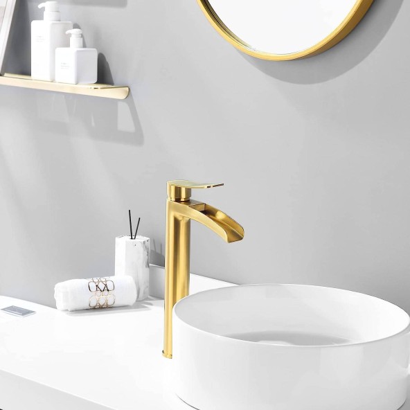 Brushed Gold Single Hole Waterfall Single Handle Modern Tall Vessel Bathroom Faucet with Pop Up Drain and Water Supply Line