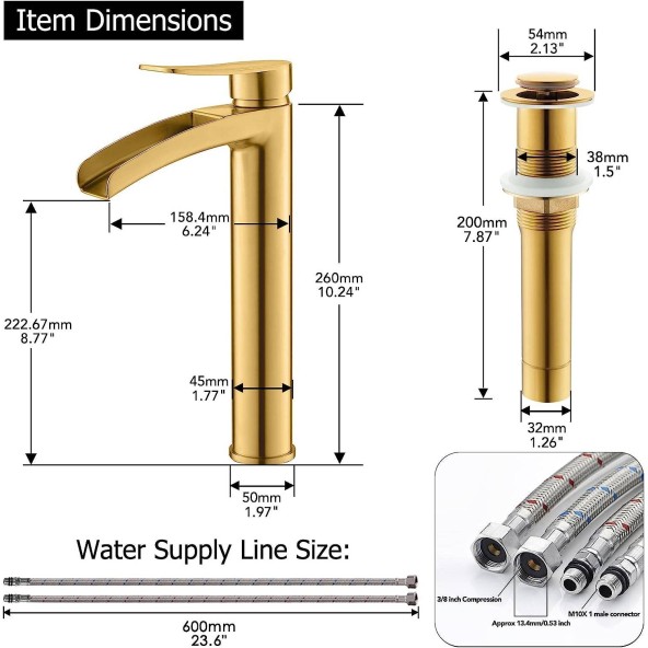 Brushed Gold Single Hole Waterfall Single Handle Modern Tall Vessel Bathroom Faucet with Pop Up Drain and Water Supply Line