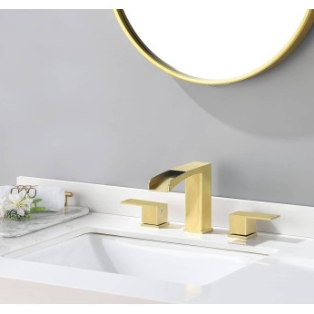 Brushed Gold Waterfall Widespread Bathroom Faucet 8 Inch for Sink 3 Holes by phiestina, Bathroom Sink Faucet with Metal Pop UP Drain and CUPC Water Supply Lines