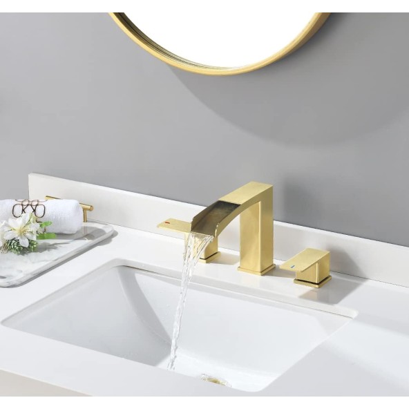 Brushed Gold Waterfall Widespread Bathroom Faucet 8 Inch for Sink 3 Holes by phiestina, Bathroom Sink Faucet with Metal Pop UP Drain and CUPC Water Supply Lines