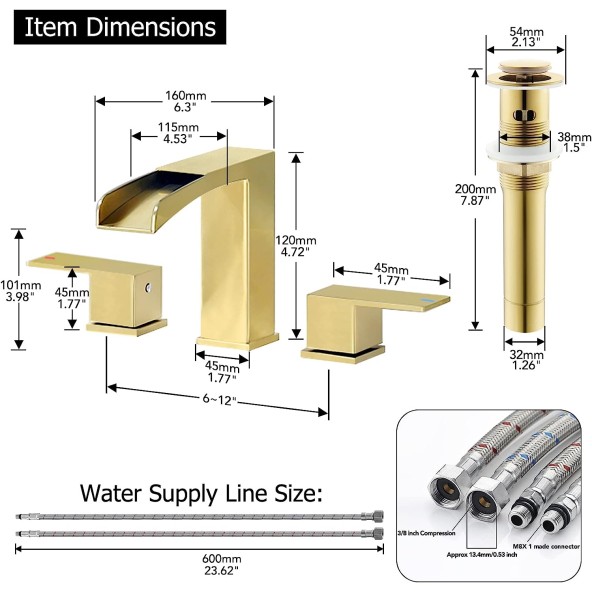 Brushed Gold Waterfall Widespread Bathroom Faucet 8 Inch for Sink 3 Holes by phiestina, Bathroom Sink Faucet with Metal Pop UP Drain and CUPC Water Supply Lines