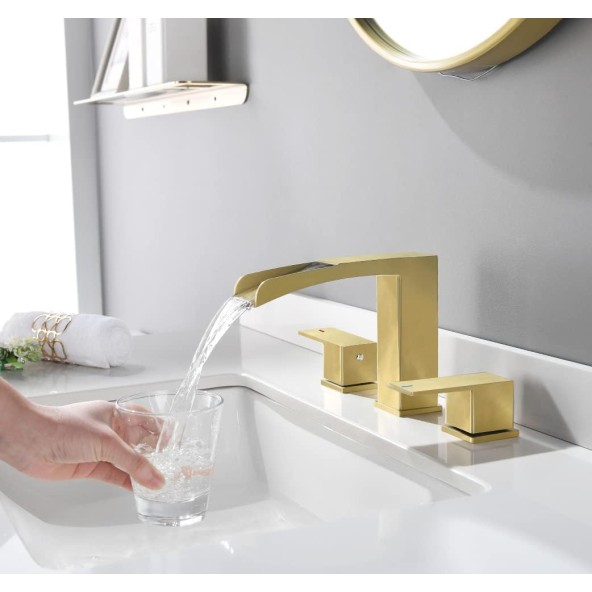 Brushed Gold Waterfall Widespread Bathroom Faucet 8 Inch for Sink 3 Holes by phiestina, Bathroom Sink Faucet with Metal Pop UP Drain and CUPC Water Supply Lines