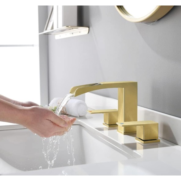 Brushed Gold Waterfall Widespread Bathroom Faucet 8 Inch for Sink 3 Holes by phiestina, Bathroom Sink Faucet with Metal Pop UP Drain and CUPC Water Supply Lines