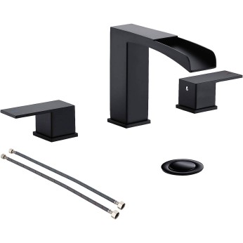Matte Black 2 Handles Waterfall Bathroom Faucet for 3 Holes Sink with Pop Up Drain Assembly & Water Supply Lines