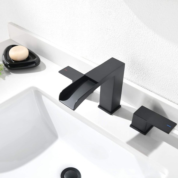 Matte Black 2 Handles Waterfall Bathroom Faucet for 3 Holes Sink with Pop Up Drain Assembly & Water Supply Lines