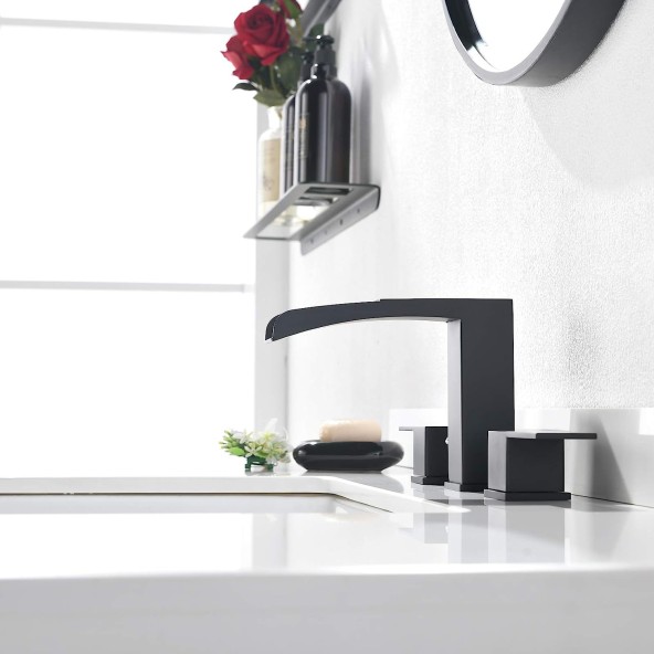 Matte Black 2 Handles Waterfall Bathroom Faucet for 3 Holes Sink with Pop Up Drain Assembly & Water Supply Lines