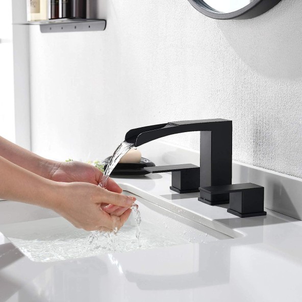 Matte Black 2 Handles Waterfall Bathroom Faucet for 3 Holes Sink with Pop Up Drain Assembly & Water Supply Lines