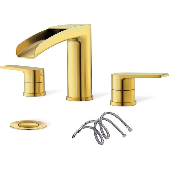 Brushed Gold Bathroom Sink Faucet, Waterfall 3 Hole Widespread Brass Bathroom Faucet, with Metal Pop Up Drain and Water Supply Line