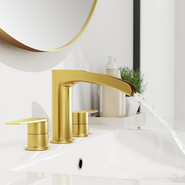 Brushed Gold Bathroom Sink Faucet, Waterfall 3 Hole Widespread Brass Bathroom Faucet, with Metal Pop Up Drain and Water Supply Line