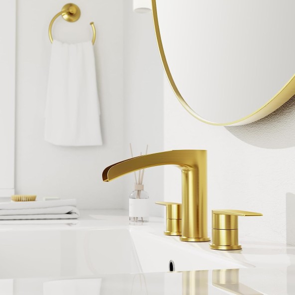 Brushed Gold Bathroom Sink Faucet, Waterfall 3 Hole Widespread Brass Bathroom Faucet, with Metal Pop Up Drain and Water Supply Line