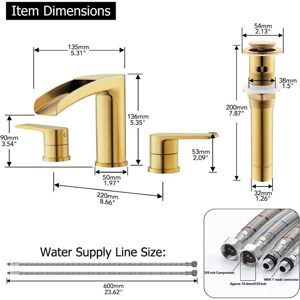 Brushed Gold Bathroom Sink Faucet, Waterfall 3 Hole Widespread Brass Bathroom Faucet, with Metal Pop Up Drain and Water Supply Line