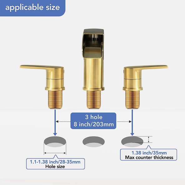 Brushed Gold Bathroom Sink Faucet, Waterfall 3 Hole Widespread Brass Bathroom Faucet, with Metal Pop Up Drain and Water Supply Line