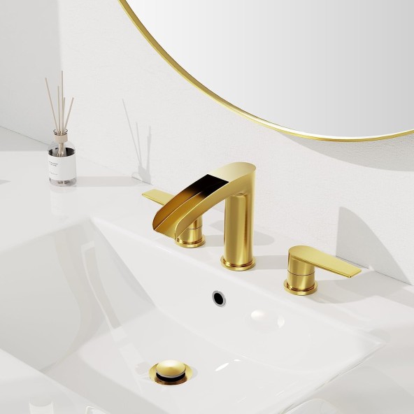 Brushed Gold Bathroom Sink Faucet, Waterfall 3 Hole Widespread Brass Bathroom Faucet, with Metal Pop Up Drain and Water Supply Line