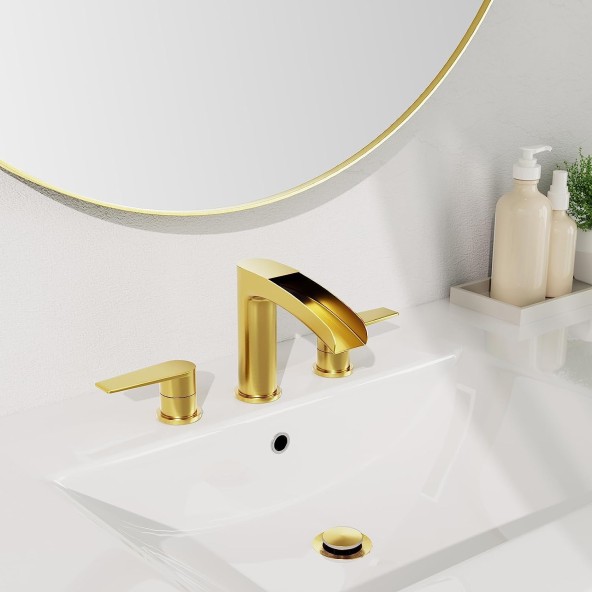 Brushed Gold Bathroom Sink Faucet, Waterfall 3 Hole Widespread Brass Bathroom Faucet, with Metal Pop Up Drain and Water Supply Line