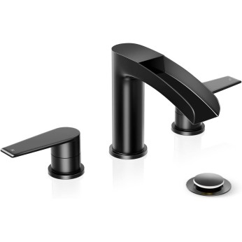 Matte Black Waterfall Bathroom Faucet, Widespread 3 Hole Bathroom Faucet by Phiestina, Modern Bathroom Faucet with Pop Up Drain and Water Supply Lines