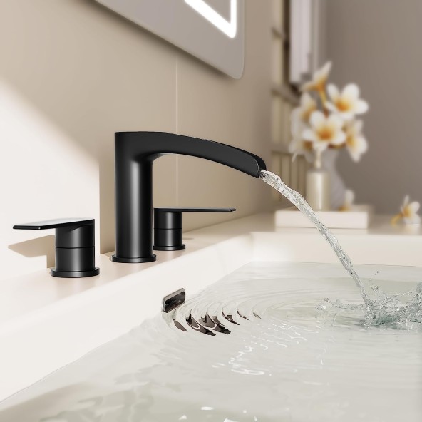 Matte Black Waterfall Bathroom Faucet, Widespread 3 Hole Bathroom Faucet by Phiestina, Modern Bathroom Faucet with Pop Up Drain and Water Supply Lines