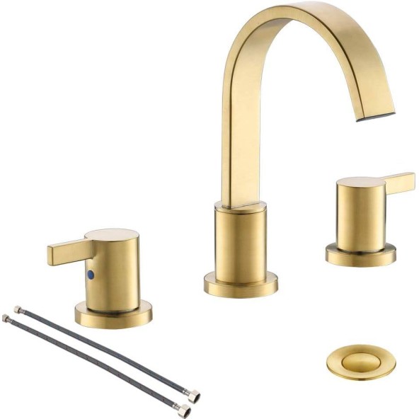 8 Inch 2 Handle Waterfall Widespread Brushed Gold Bathroom Sink Faucet with Metal Pop-Up Drain 